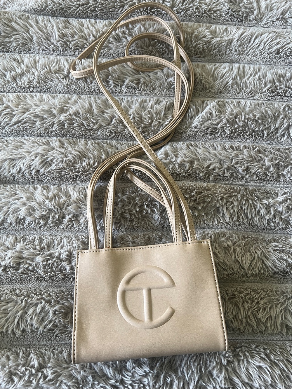 Telfar Small Cream Crossbody Tote with Embossed Logo